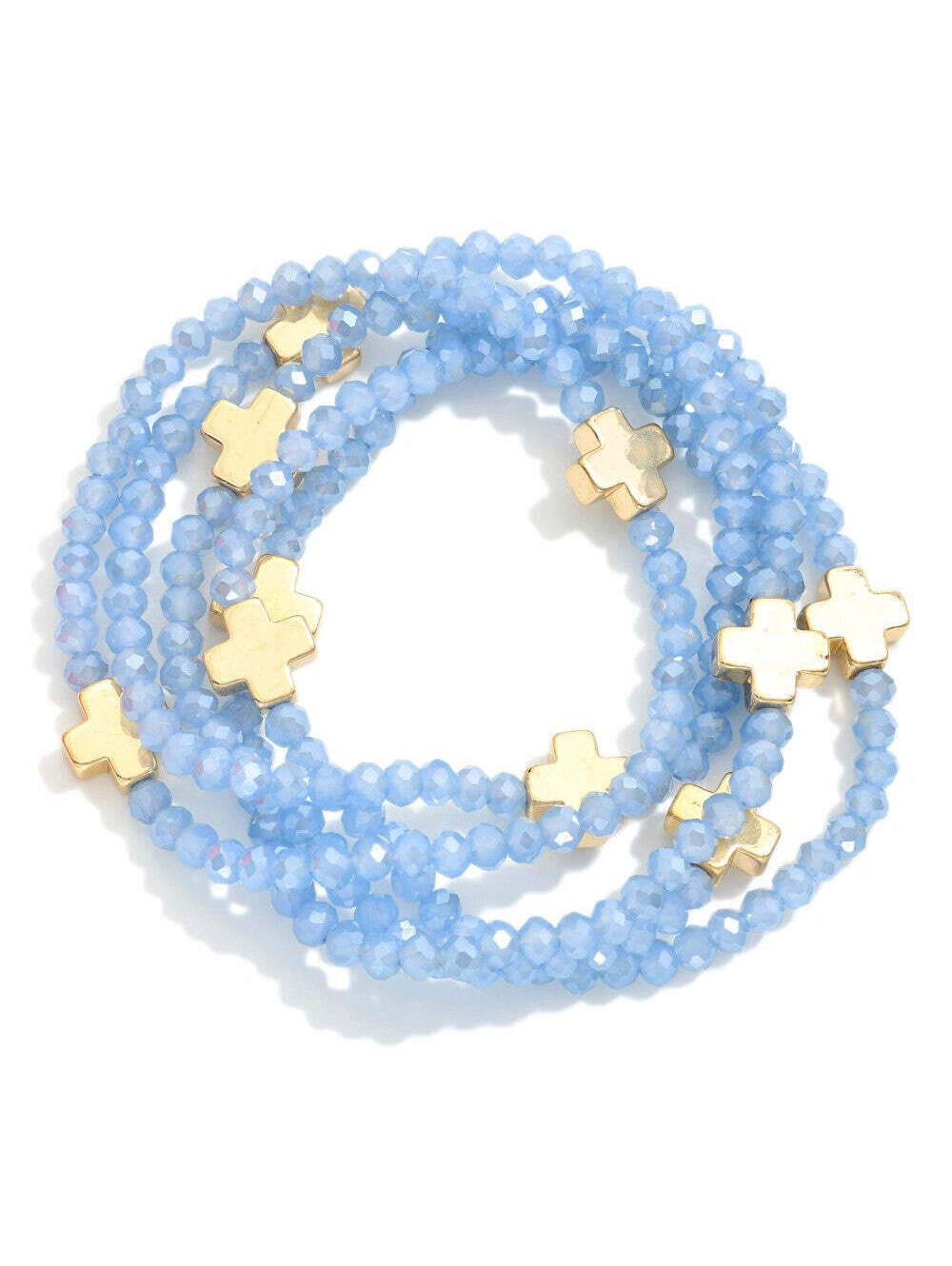 Set of 5 Blue Faceted Glass Beaded Stretch Bracelet Stack Gold Cross